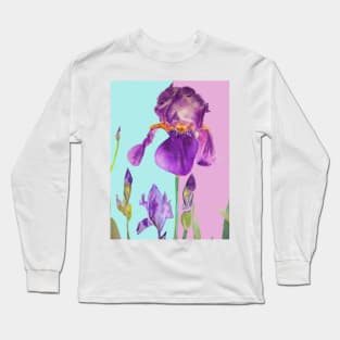 Iris Watercolor Painting - Elegant Purple on Aqua & Lilac Long Sleeve T-Shirt